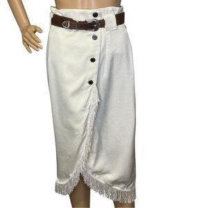 Vintage Francine Browner Midi Fringe Button Belted Wrap Skirt Cream Lt Yellow 7